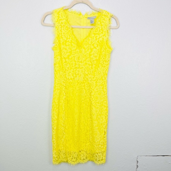 H&M Yellow Lace Fitted Midi v Neck Dress - Picture 2 of 7
